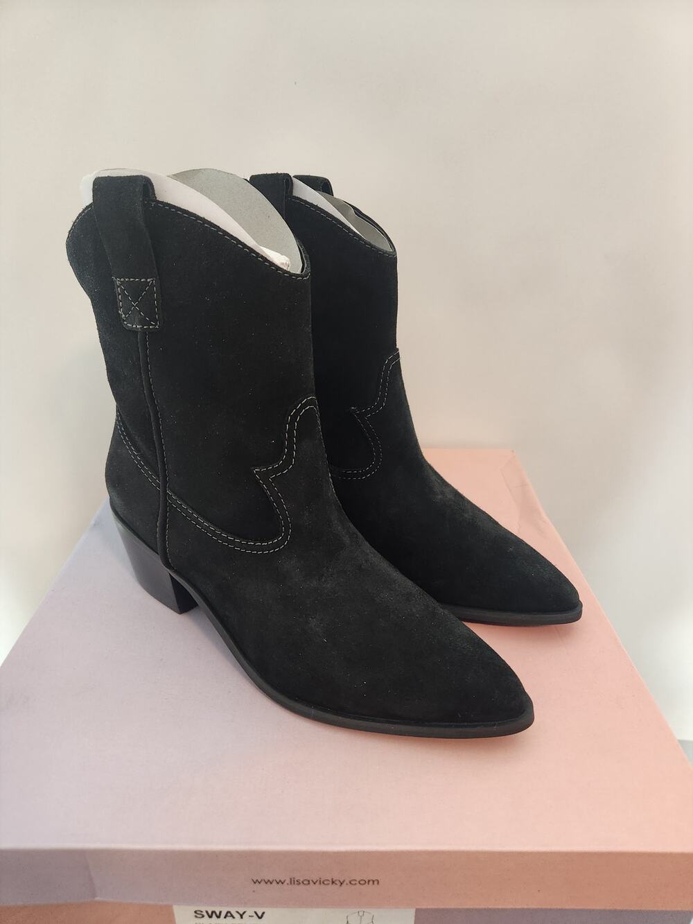 Lisa Vicky Nordstrom Suede Pointed black toe bootie in women's size 7.5